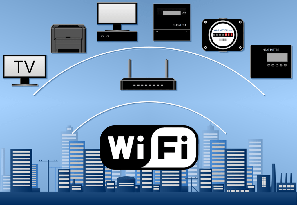 wi-fi, network, router, building, water meter, electric meter, computer, printer, modem, wi-fi, wi-fi, wi-fi, wi-fi, wi-fi, router, router, router, modem, modem